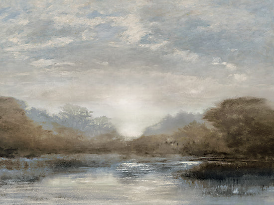 Amber Sterling AS566 - AS566 - Winter's Coming - 16x12 landscape, trees, lake & lodge, sunrise, morning, mist, serene, peaceful, reflection, hazy, moody, painterly, oil painting, neutral from Penny Lane