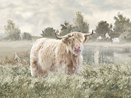 Amber Sterling AS571 - AS571 - Highland in the Heather - 16x12 animals, landscape, farm animals, rural, trees, cow, highland cow, field, misty, water, countryside, painterly, moody, oil painting, neutral from Penny Lane