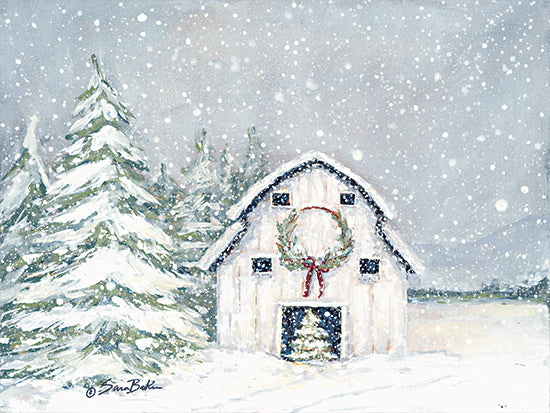 Sara Baker BAKE260 - BAKE260 - A Vintage Tree Farm Tradition #3 - 16x12 winter barn, snowy landscape, falling snow, white barn, evergreen trees, pine tree, wreath on barn, red ribbon, farmhouse, rustic, holiday decor, Christmas scene, snow covered ground, cozy winter, country winter, festive, soft painterly style, blue gray sky, seasonal art from Penny Lane