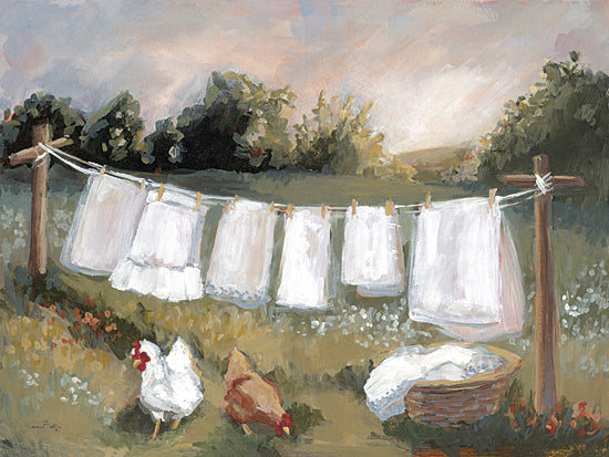 Sara Baker BAKE328 - BAKE328 - Her Secret is Patience - 16x12 country scene, chickens in yard, laundry on clothesline, rural life, painterly farm landscape from Penny Lane