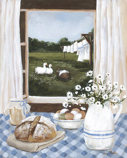 Sara Baker BAKE389 - BAKE389 - Country Kitchen View    - 12x16 farmhouse breakfast, rustic kitchen, bread and eggs, pitcher with daisies, laundry line with geese, country life, cozy window view from Penny Lane