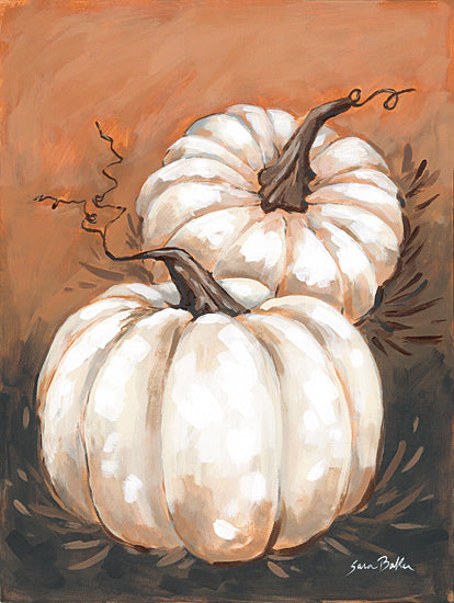 Sara Baker BAKE409 - BAKE409 - Harvest Pumpkins   - 12x16 white pumpkins, autumn harvest, fall still life, rustic background, warm orange brown tones, seasonal decor, farmhouse style, hand painted, brush strokes, cozy fall, Thanksgiving, Halloween, neutral pumpkin, dried leaves, harvest season, country decor from Penny Lane