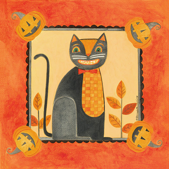 Bernadette Deming BER1510 - BER1510 - Patterned Black Cat - 12x12 black cat with bow tie, pumpkins in corners, orange background, whimsical halloween cat, folk art illustration, playful autumn decor, smiling cat portrait, seasonal wall art from Penny Lane