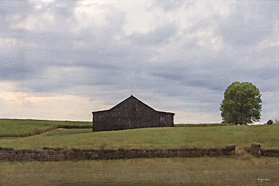 Susie Boyer BOY787 - BOY787 - The Black Barn - 18x12 lone barn, open field, rolling green hills, stone fence, countryside landscape, rural, peaceful, minimalist scenery, big sky, soft clouds, watercolor style, rustic, pastoral, nature, farmhouse decor, serene from Penny Lane