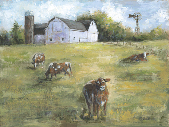 Pam Britton BR654 - BR654 - Summer Cows - 16x12 pasture with grazing cows, white barn and silo, windmill, sunny farm landscape, rural countryside, painterly brushwork, pastoral scene, rustic americana farmland from Penny Lane