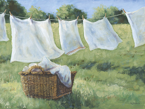 Pam Britton BR664 - BR664 - Monday Wash - 16x12 white sheets on clothesline, wicker laundry basket, backyard laundry day, fresh linens outdoors, green grass, sunny country yard, farmhouse domestic scene, breezy linens, rustic home life, painterly summer laundry, simple clean aesthetic, nostalgic countryside art from Penny Lane