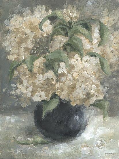 Pam Britton BR677 - BR677 - Riot of Hydrangeas - 12x16 cream hydrangea bouquet, dark vase, moody floral still life, muted neutral flowers, elegant petals, soft painterly texture, tabletop floral arrangement, sophisticated farmhouse art, subdued palette, romantic bloom cluster, classic still life, refined floral composition from Penny Lane
