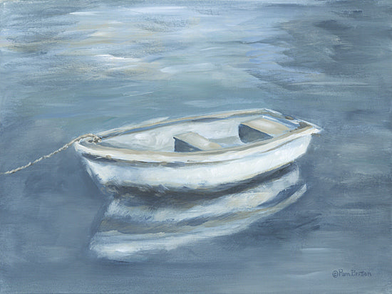 Pam Britton BR680 - BR680 - Patiently Waiting - 16x12 white rowboat on blue water, small dinghy, calm lake scene, reflective water surface, minimal coastal artwork, peaceful boating image, serene aquatic landscape, soft blue palette, nautical decor, still water reflection, painterly boat art, tranquil waterscape from Penny Lane