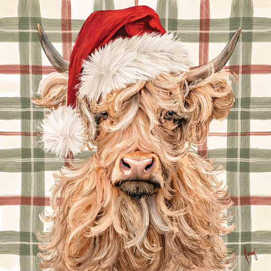 Ashley Bradley BRAD248 - BRAD248 - Christmas Highland Cow - 12x12 Highland cow, Scottish Highland, Santa hat, Christmas cow, plaid background, shaggy cow, horns, festive farm animal, holiday decor, winter, rustic, whimsical, portrait, red hat, farmhouse Christmas from Penny Lane