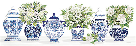 Cindy Jacobs CIN3856 - CIN3856 - Chinoiserie Elegance I - 36x12 blue and white vases, floral arrangement, hydrangeas, roses in porcelain, chinoiserie jars, decorative floral still life, farmhouse elegance, white flowers in pottery from Penny Lane