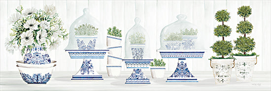 Cindy Jacobs CIN3857 - CIN3857 - Chinoiserie Elegance II - 36x12 white flowers, cloche terrariums, farmhouse pots, blue and white pottery, topiary trees, rustic floral display, greenery arrangement, vintage Paris buckets from Penny Lane