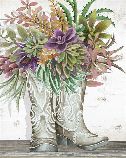 Cindy Jacobs CIN4231 - CIN4231 - Cowgirl Succulents I - 12x16 cowboy boots with succulents, western floral art, rustic country style, cactus plants, purple flowers in boots, farmhouse whimsical decor from Penny Lane