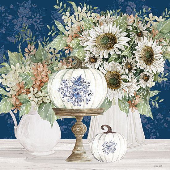 Cindy Jacobs CIN4398 - CIN4398 - Autumn Pumpkin Still Life - 12x12 white pumpkins, floral bouquet, daisies, blue and white porcelain, fall still life, harvest decor, neutral palette, watercolor illustration, tabletop arrangement, cottage farmhouse style, seasonal flowers, elegant home decor from Penny Lane