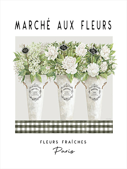 Cindy Jacobs CIN4443 - CIN4443 - Marche Aux Fleurs - 12x16 watercolor French flower market poster, 'Marché aux Fleurs' typography, Paris fleurs fraîches, three flower buckets filled with white roses, peonies and hydrangea, small chalkboard price signs, green-and-white gingham check border, soft neutral palette, Parisian market decor, French country farmhouse wall art, vintage-inspired typography print from Penny Lane