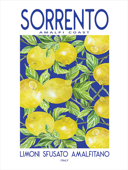 Cindy Jacobs CIN4447 - CIN4447 - Sorrento Amalfi Coast - 12x16 watercolor lemon pattern, Sorrento Amalfi Coast typography, Limoni Sfusato Amalfitano, Italian citrus poster, bright yellow lemons with green leaves, deep blue background, Mediterranean kitchen decor, coastal Italy travel art, repeating fruit motif, bold vintage-style lettering, summer fresh produce wall print from Penny Lane