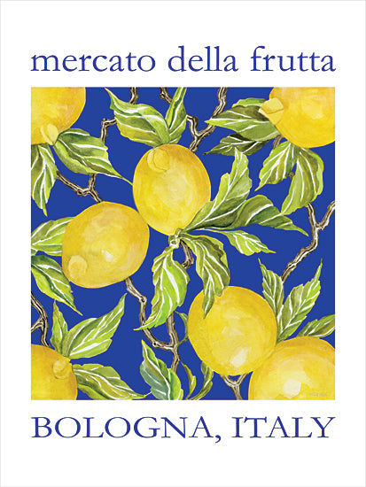 Cindy Jacobs CIN4448 - CIN4448 - Mercato Della Frutta Bologna - 12x16 mercato della frutta, Bologna Italy, Italian fruit market poster, lemons, lemon branches, citrus fruit, green leaves, cobalt blue background, Mediterranean decor, travel souvenir art, watercolor illustration, kitchen wall art, still life botanical, summer citrus, Italy typography, vintage-inspired travel print from Penny Lane