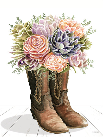 Cindy Jacobs CIN4503 - CIN4503 - Succulent Boot-quet - 12x16 watercolor cowboy boot bouquet; brown western boots; succulents and roses; rustic ranch floral arrangement; country girl decor; farmhouse western art; desert garden florals; neutral mauve and sage palette; cowgirl home accent; boot vase illustration; romantic western still life; painterly rustic print from Penny Lane