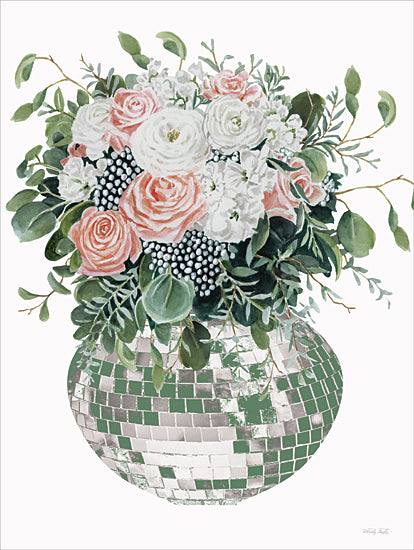 Cindy Jacobs CIN4505 - CIN4505 - Disco Blooms - 12x16 watercolor disco ball bouquet; blush roses and white ranunculus; silver and green mirrored vase; eucalyptus and leafy greenery; glam floral arrangement; whimsical party decor; retro disco garden art; feminine contemporary floral; sparkling centerpiece illustration; modern eclectic bouquet; botanical glam wall art; playful floral still life from Penny Lane