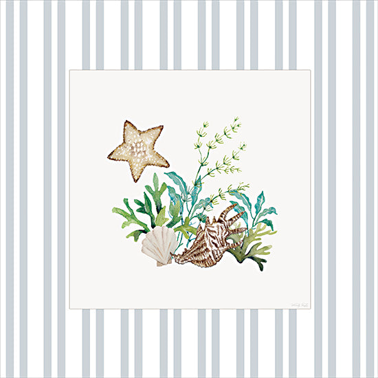 Cindy Jacobs CIN4508 - CIN4508 - Ocean Treasures I - 12x12 coastal watercolor vignette, starfish, seashell, conch shell, seaweed sprigs, marine plants, beach cottage, nautical decor, light blue and white striped background, framed white mat, minimal seaside illustration, summer ocean theme from Penny Lane