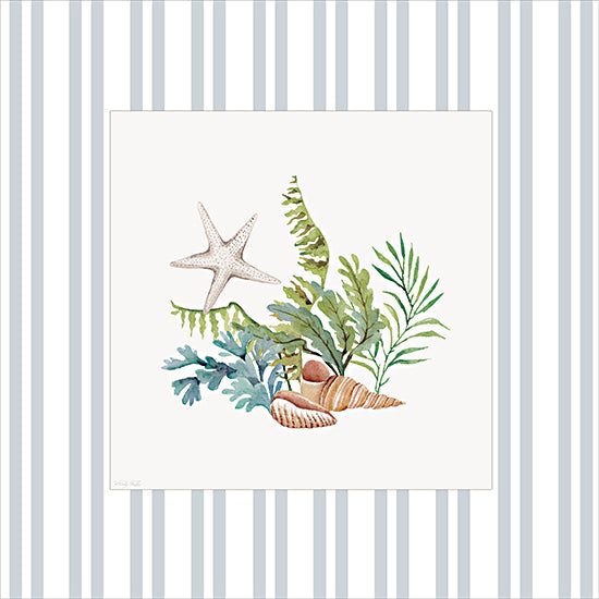 Cindy Jacobs CIN4511 - CIN4511 - Ocean Treasures IV - 12x12 coastal watercolor vignette, starfish, seashells, seaweed and marine greenery, beach cottage decor, nautical still life, light blue striped background, framed white mat, summer seaside, minimalist ocean plants, hand-painted watercolor illustration from Penny Lane