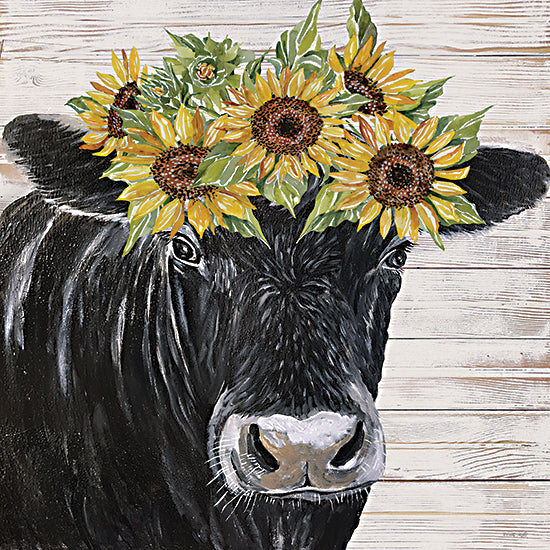 Cindy Jacobs CIN4527 - CIN4527 - Sunflower Cow      - 12x12 black cow portrait, sunflower crown, rustic farmhouse animal, barn wood background, country decor, modern farmhouse style, fall sunflower bouquet, whimsical farm animal art, painterly acrylic look, neutral wood texture, close-up cow face, floral headpiece from Penny Lane