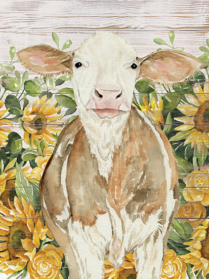 Cindy Jacobs CIN4528 - CIN4528 - Sunflower Resting Spot - 12x16 baby calf portrait, cute cow, sunflower field background, greenery and leaves, rustic farmhouse decor, country farm animal, juvenile nursery art, painterly watercolor illustration, wood plank texture overlay, bright yellow sunflowers, spring summer farm scene, whimsical animal from Penny Lane