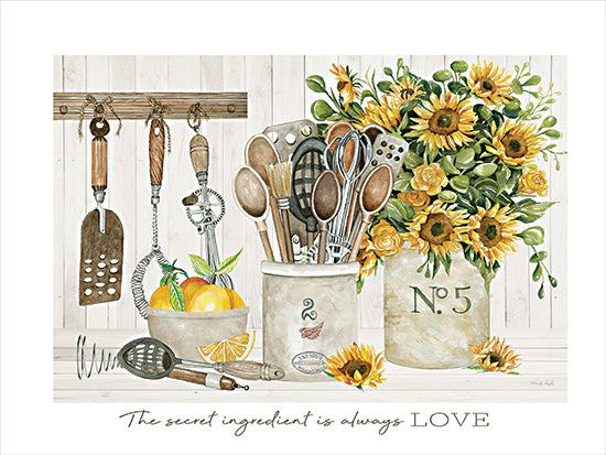Cindy Jacobs CIN4530 - CIN4530 - The Secret Ingredient - 16x12 the secret ingredient is always love, kitchen quote, farmhouse kitchen print, watercolor still life, hanging utensils, lemon bowl, citrus fruit, whisk, wooden spoons, sunflower bouquet, rustic crock, white shiplap, neutral background, country kitchen decor, inspirational phrase, typography, word art from Penny Lane