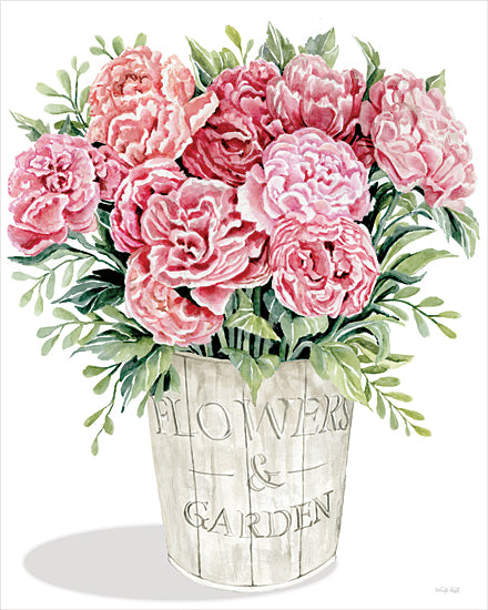 Cindy Jacobs CIN4534 - CIN4534 - Garden Treasures - 12x16 pink peonies bouquet, flowers and garden, floral bucket, watercolor roses, blush pink florals, feminine decor, cottage floral, botanical greenery, rustic container, still life, spring flowers, garden theme from Penny Lane