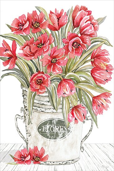 Cindy Jacobs CIN4535 - CIN4535 - Farmhouse Tulips - 12x18 pink tulips bouquet, spring flowers, watercolor floral arrangement, vintage metal bucket, farmhouse flowers, bright pink blooms, greenery leaves, rustic container, still life, feminine decor, cottage style, botanical art from Penny Lane