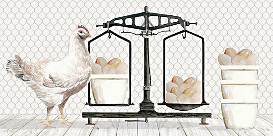 Cindy Jacobs CIN4573 - CIN4573 - Perfectly Balanced - 18x9 watercolor chicken, hen illustration, eggs in buckets, vintage scale, farmhouse kitchen scene, chicken wire background, country decor, farm fresh eggs, rustic still life, neutral palette, modern farmhouse art from Penny Lane