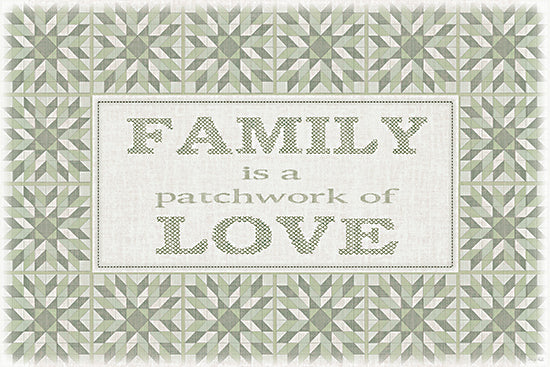 Cindy Jacobs CIN4588 - CIN4588 - Our Family - Patchwork of Love II - 18x12 patchwork quilt pattern, 'Family is a patchwork of Love', green quilt blocks, stitched texture, farmhouse wall art, rustic textile design, neutral green palette, cozy family quote, country home decor, vintage inspired from Penny Lane