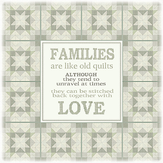 Cindy Jacobs CIN4589 - CIN4589 - Families - Stitched with Love - 12x12 quilt block pattern, 'Families are like old quilts... stitched back together with love', green patchwork background, inspirational family quote, farmhouse typography art, vintage textile texture, country decor, neutral palette from Penny Lane