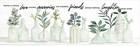 Cindy Jacobs CIN4620 - CIN4620 - Home is Where Love Resides - 36x12 home quote, 'Home is where love resides, memories are created, friends always belong, laughter never ends', watercolor glass bottles, vases with greenery, eucalyptus, botanical stems, modern farmhouse decor, inspirational wall art, neutral soft green palette, minimal still life, rustic shelf, cozy home saying, family quote, cottage style, calming decor from Penny Lane