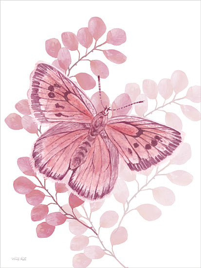 Cindy Jacobs CIN4632 - CIN4632 - The Blushing Flutter I - 12x16 pink butterfly, watercolor illustration, delicate wings, floral branch background, feminine art, soft pink leaves, nature-inspired decor, spring theme, artistic insect, botanical watercolor from Penny Lane