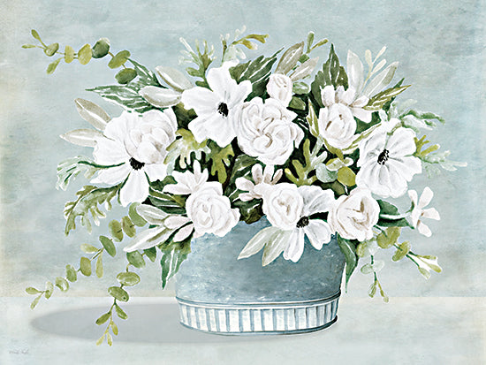 Cindy Jacobs CIN4636 - CIN4636 - Blooms and Promises II - 16x12 white flowers bouquet, watercolor floral arrangement, anemones and roses, green leaves, eucalyptus, mint green background, cottage style florals, painterly botanical art, spring summer decor, fresh cut flowers, soft pastel palette, feminine home decor, floral still life from Penny Lane