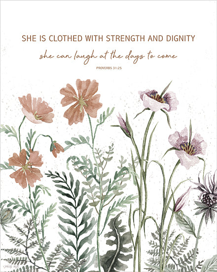 Cindy Jacobs CIN4639 - CIN4639 - She is Clothed with Strength and Dignity - 12x16 botanical, religious & spiritual, typography, floral, greenery, leaves, inspirational, word art, wild flowers, fern, poppy, scripture, feminine, decorative, watercolor, multicolor from Penny Lane