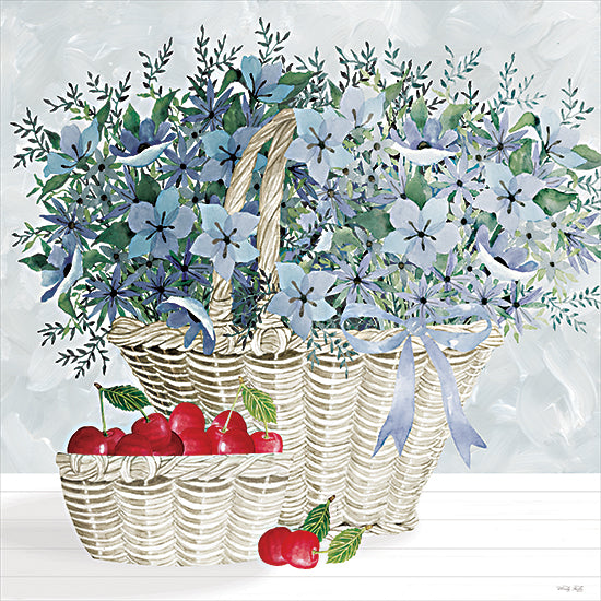 Cindy Jacobs CIN4646 - CIN4646 - Blooms and Berries - 12x12 blue flowers, wicker basket, cherries, rustic style, farmhouse decor, fruit and floral arrangement from Penny Lane
