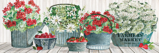 Cindy Jacobs CIN4647 - CIN4647 - Market Bounty - 36x12 red geraniums, white daisies, farmhouse buckets, strawberries, cherries, rustic floral decor, farmers market from Penny Lane