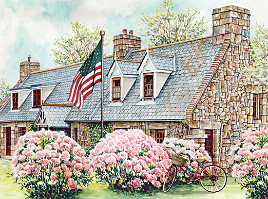 Cindy Jacobs CIN4660 - CIN4660 - Summer Cottage - 16x12 stone cottage, American flag, pink hydrangeas, rustic house, bicycle, garden landscape, patriotic home from Penny Lane