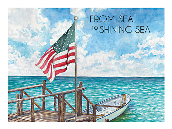 Cindy Jacobs CIN4662 - CIN4662 - From Sea to Shining Sea - 16x12 American flag, dock, rowboat, ocean, patriotic art, coastal scene, watercolor sky, wooden pier, Americana, sea to shining sea typography from Penny Lane