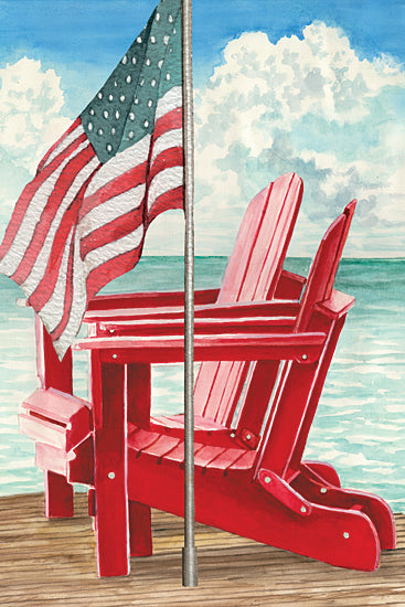 Cindy Jacobs CIN4663 - CIN4663 - Red, White and Relaxation - 12x18 American flag, Adirondack chair, dock, beach scene, patriotic art, ocean view, rustic wooden deck, coastal summer, Americana from Penny Lane