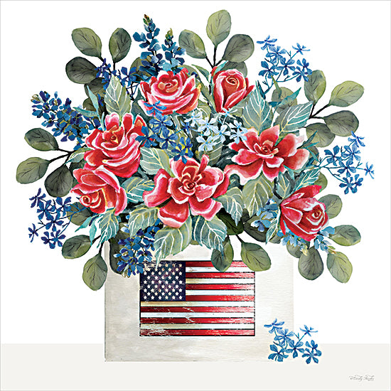 Cindy Jacobs CIN4665 - CIN4665 - Patriotic Roses - 12x12 Red roses, blue flowers, green leaves, American flag crate, patriotic bouquet, rustic floral arrangement, farmhouse décor from Penny Lane