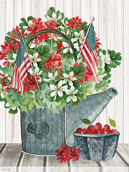 Cindy Jacobs CIN4678 - CIN4678 - Red, White & Berries II - 12x16 watering can flowers, farmhouse bouquet, red geraniums, daisies, American flags decor, cherries, rustic still life, patriotic farmhouse from Penny Lane