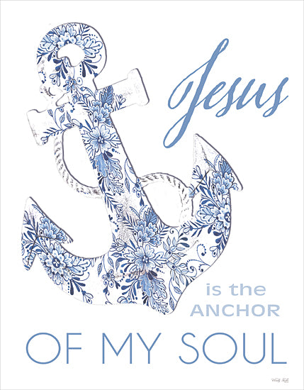 Cindy Jacobs CIN4682 - CIN4682 - Jesus is… - 12x16 blue and white anchor, nautical decor, coastal theme, floral chinoiserie pattern, Jesus is the anchor of my soul quote, Christian wall art, religious typography, watercolor illustration, faith inspiration, coastal farmhouse, soft blue lettering, minimalist white background, decorative anchor symbol from Penny Lane