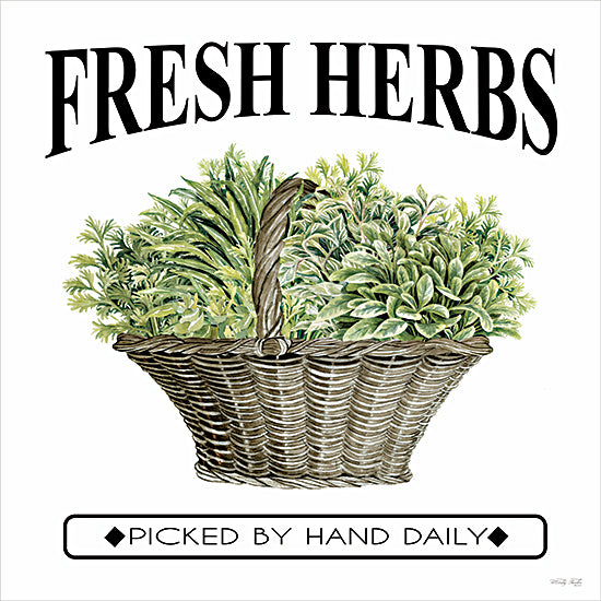 Cindy Jacobs CIN4699 - CIN4699 - Fresh Herbs - 12x12 fresh herbs, picked by hand daily, herb basket, woven basket, garden greens, culinary herbs, herb market sign, farm fresh herbs, watercolor basket, hand painted kitchen art, farmhouse herb print, green botanical arrangement, rustic market decor, herb garden, organic produce, cooking herbs, kitchen wall art, typography, black lettering, white background, vintage grocery sign, country market, fresh picked, leafy herbs, natural food decor from Penny Lane