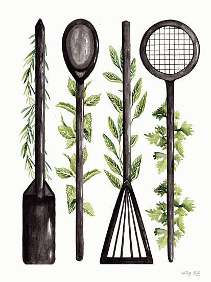 Cindy Jacobs CIN4700 - CIN4700 - Cooks Essentials - 12x16 black kitchen utensils, spatula, spoon, whisk, skimmer, herb sprigs, green leaves, parsley, mint, sage, culinary herbs, watercolor utensils, hand painted kitchen tools, rustic cooking art, modern farmhouse kitchen, white background, utensil set, black and green palette, cooking accessories, herb garnish, kitchen still life, chef tools, country kitchen decor, botanical accents, farmhouse wall art from Penny Lane
