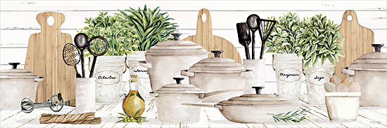 Cindy Jacobs CIN4722 - CIN4722 - Prep and Serve - 36x12 home spaces, still life, botanical, kitchen, greenery, kitchenware, cutting board, pots & pans, olive oil, herbs, rosemary, modern farmhouse, decorative, digital illustration, neutral from Penny Lane