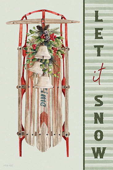 Cindy Jacobs CIN4741 - CIN4741 - Let It Snow Sled - 12x16 vintage sled with bells and greenery watercolor, let it snow text art, rustic winter Christmas decor, festive farmhouse illustration from Penny Lane