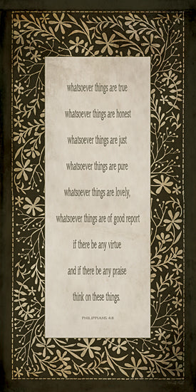 Cindy Jacobs CIN4765 - CIN4765 - Think on These Things - 9x18 Philippians 4:8 scripture, bible verse wall art, dark moody background, botanical border, inspirational faith quote, religious typography, vintage distressed look, olive green and cream, decorative frame, modern farmhouse, classic scripture print from Penny Lane