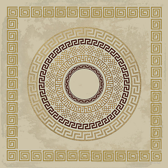 Cindy Jacobs CIN4769 - CIN4769 - Greek Key Medallion II - 12x12 Greek key geometric medallion pattern, circular concentric rings, meander border, olive green, gold, maroon, distressed texture, decorative background, symmetrical design, vintage inspired, classical motif, wallpaper style, frame border from Penny Lane